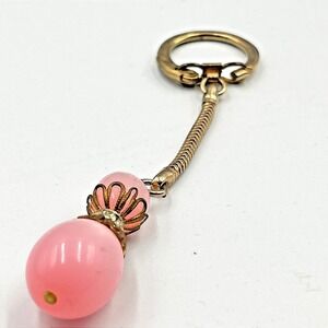 Vintage Retro Pink Moonglow Bead Keychain‎ Gold Tone Snake Chain Rhinestone